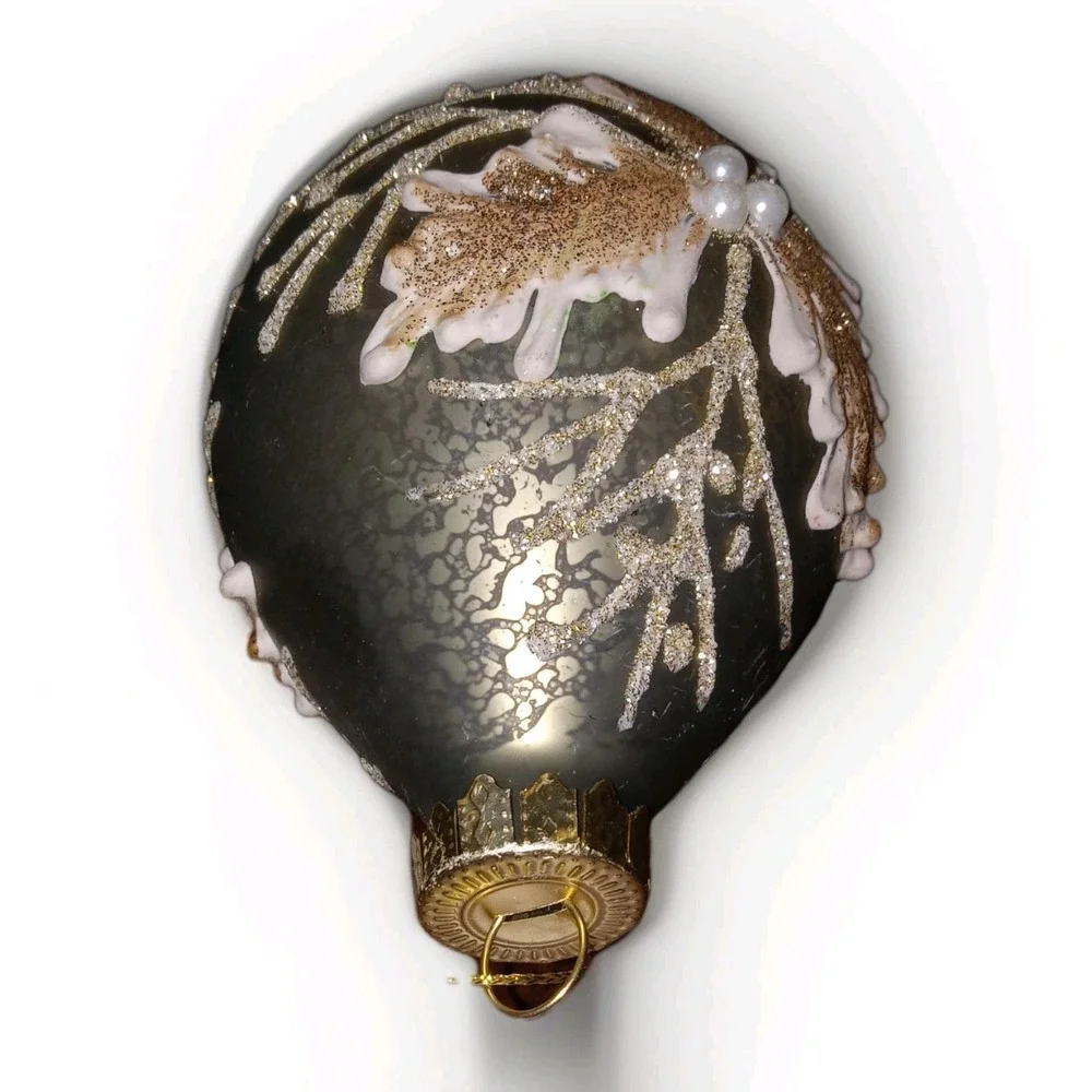 New Christmas Ornament‎ Glass Silver Antiqued Ivory Poinsettia 5.5 in